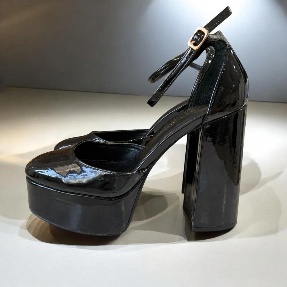 Madden Girl Black Patent Platform Heels‎ Ankle Strap Five Inch Baddie Y2K Grunge